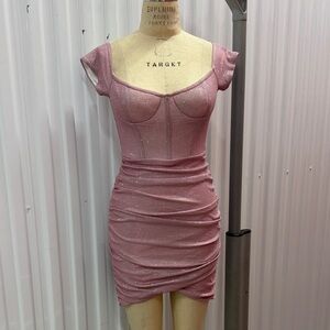 AKIRA Pink Glitter Ruched Corset Mini Dress